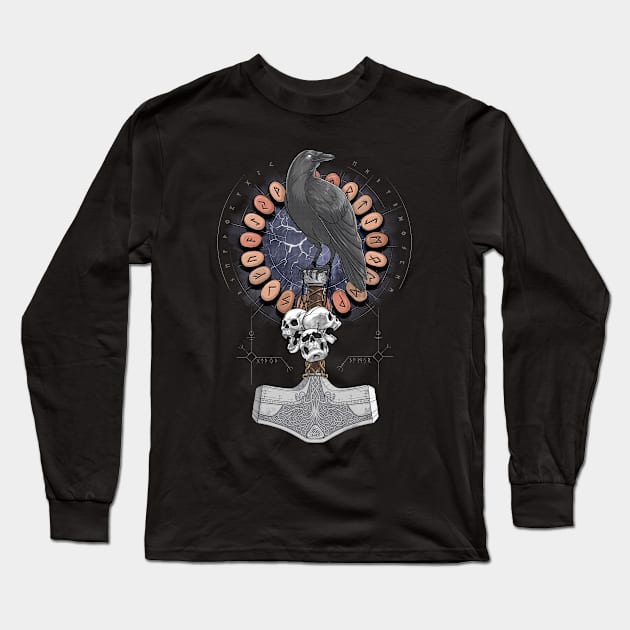 Norse Hammer Raven Long Sleeve T-Shirt by underheaven